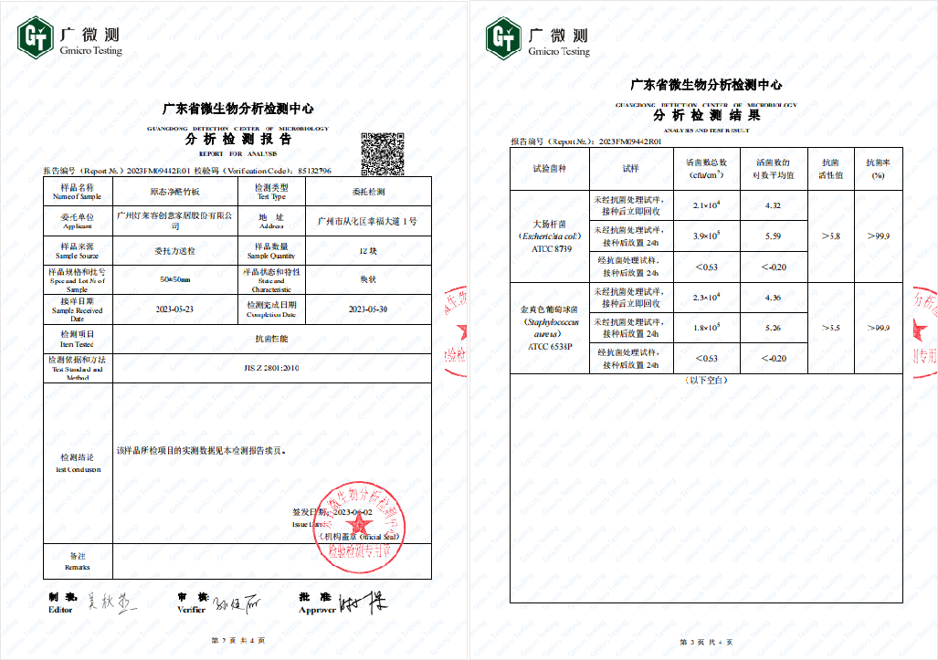 原態(tài)凈醛竹板抗菌性能檢測(cè)報(bào)告